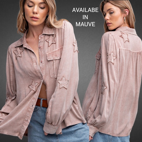 EASEL "STAR STRUCK" Super Soft Mineral Wash Lightweight Shirt, Embroidered Stars - Picture 15 of 16